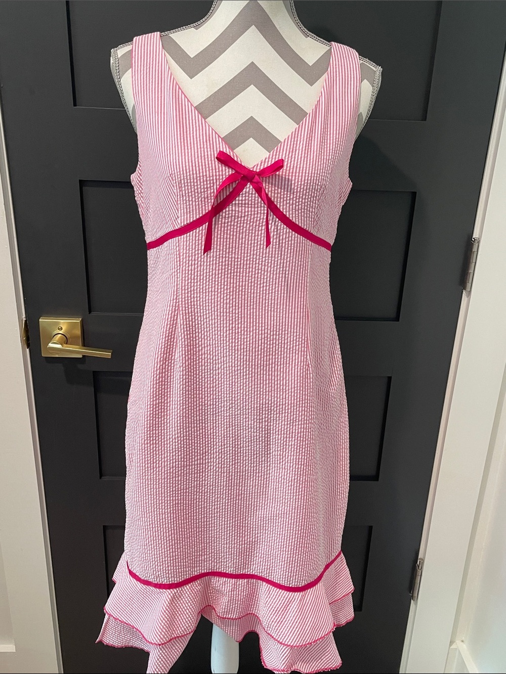 Sarah Spencer Cotton Preppy Cottage Ruffle Seersucker Dress Size 10